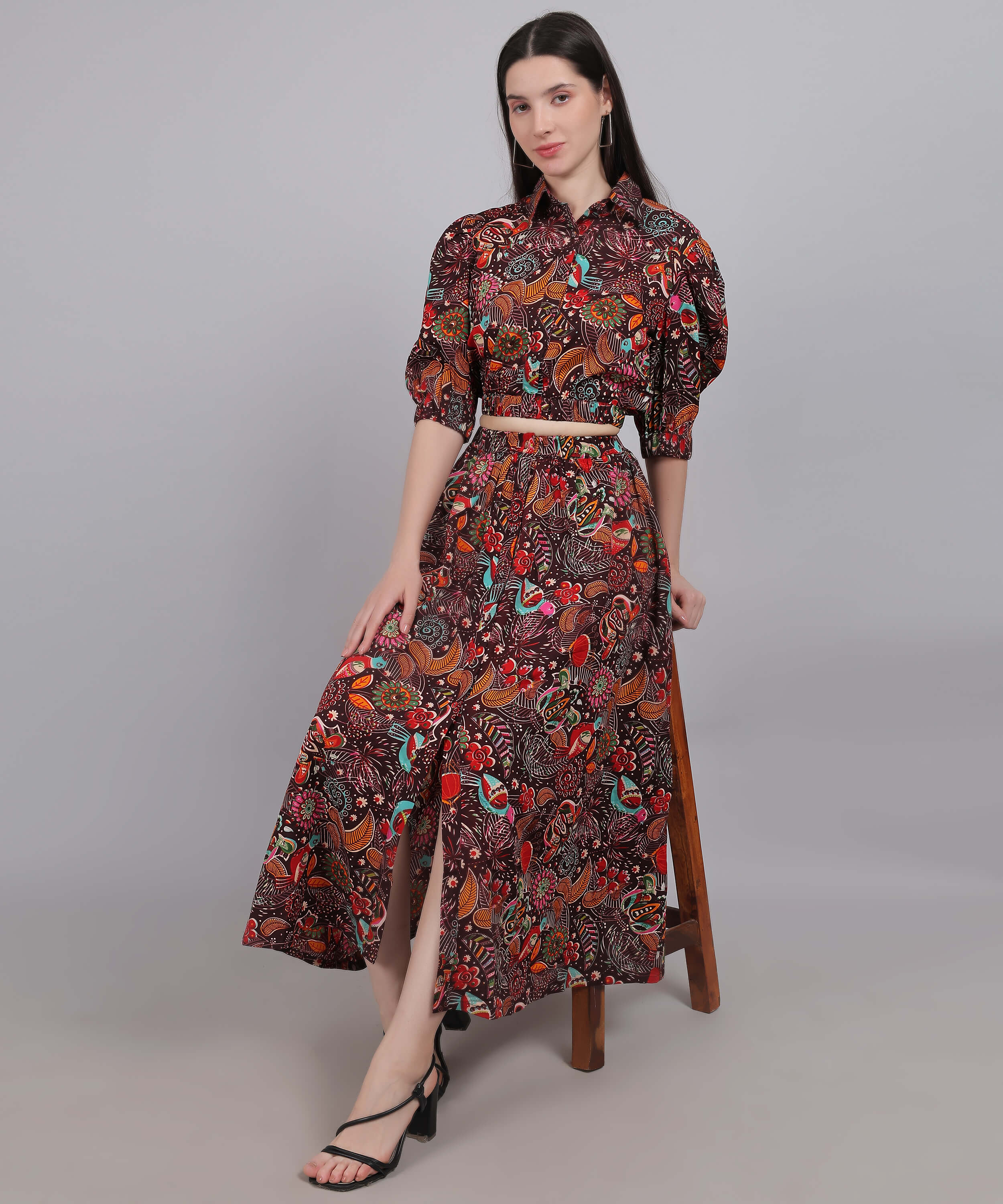 MAROON PRINTED SKIRT& TOP