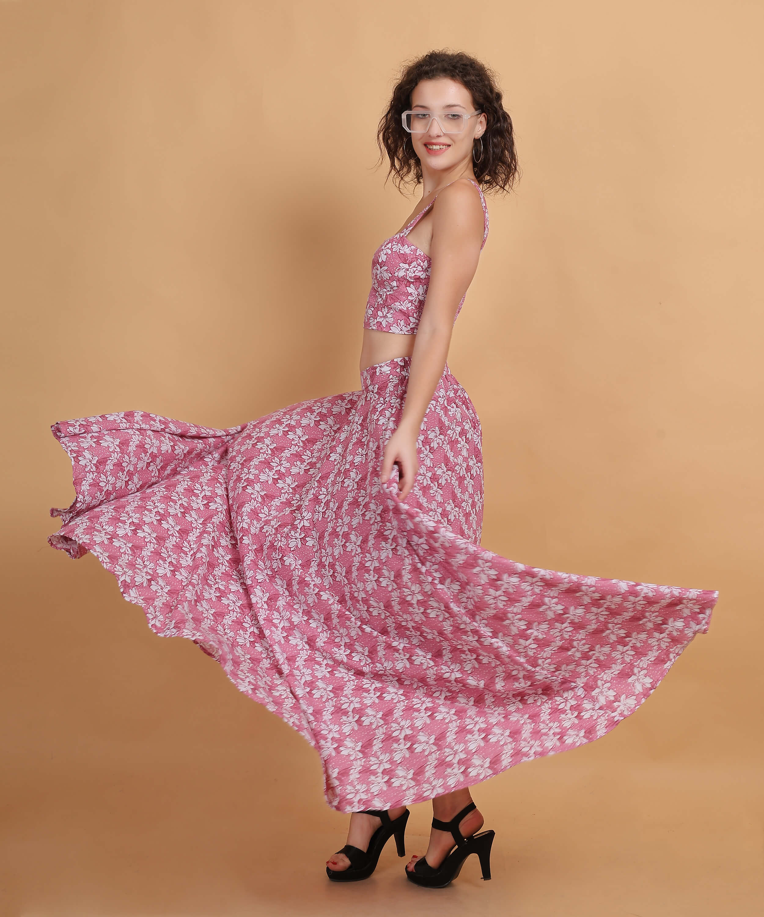 Pink Floral Crop Top with Maxi Skirt Set
