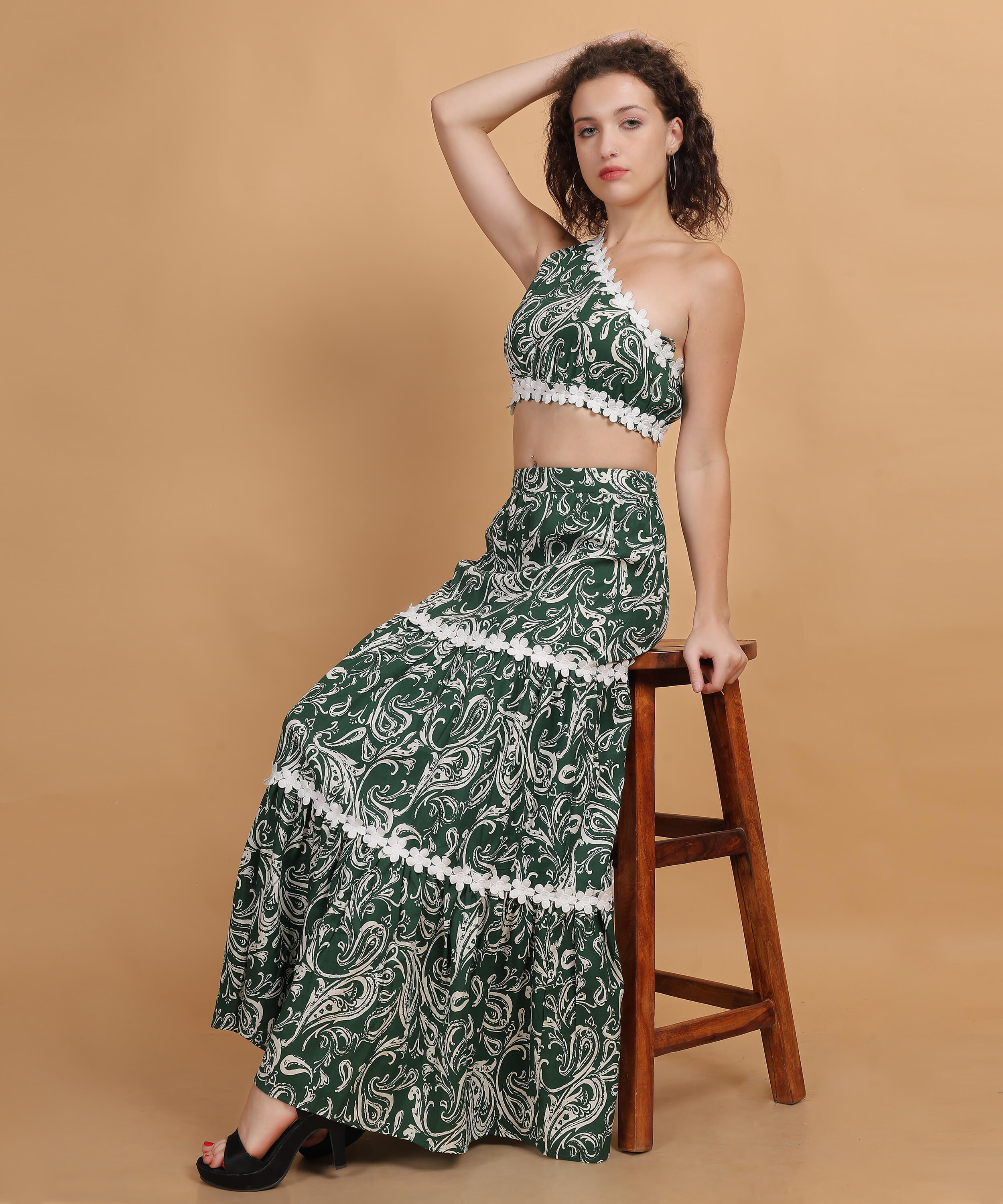 Paisley Green One-Shoulder Co-Ord Set